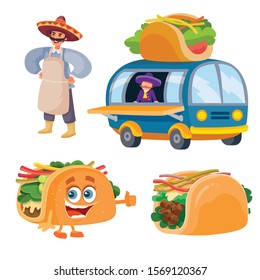 set of taco seller, fast food truck, tacos, isolated object on a white background, vector illustration