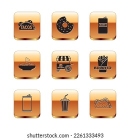 Set Taco with tortilla, Aluminum can, Glass water, Fast street food cart, Nachos plate, Beer,  and Donut icon. Vector