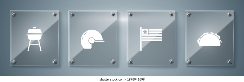 Set Taco with tortilla, American flag, Baseball helmet and Barbecue grill. Square glass panels. Vector