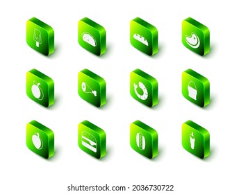 Set Taco with tortilla, Bread loaf, Steak meat, Chicken egg on stand, Hot chili pepper, Shrimp, Hotdog and Burger icon. Vector