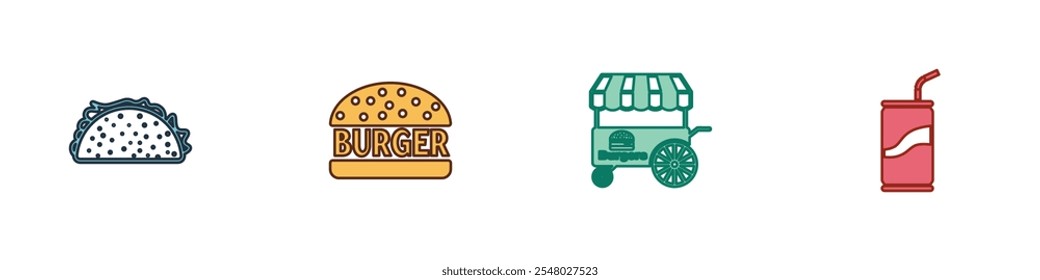 Set Taco con tortilla, hamburguesa, Carrito de comida rápida de la calle y soda puede beber icono de paja. Vector