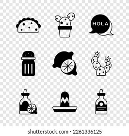 Set Taco with tortilla, Cactus succulent in pot, Hola, Tequila bottle lemon, Mexican sombrero, Salt and Lime icon. Vector