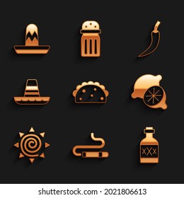 Set Taco with tortilla, Cigar, Tequila bottle, Lime, Sun, Mexican sombrero, Hot chili pepper pod and  icon. Vector