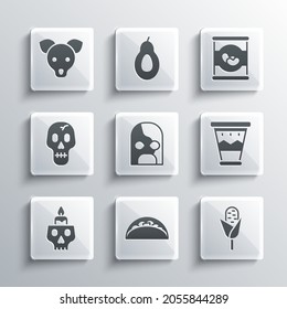 Set Taco with tortilla, Corn, Mexican drum, wrestler, Burning candle on skull, Skull, Dog and Beans icon. Vector