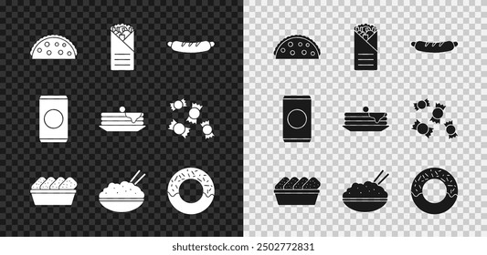 Set Taco with tortilla, Doner kebab, Hotdog sandwich, Chicken nuggets in box, Rice bowl chopstick, Donut, Soda can straw and Stack of pancakes icon. Vector