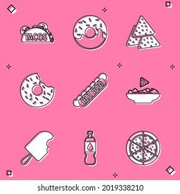 Set Taco with tortilla, Donut, Nachos, Hotdog sandwich, in plate, Ice cream and Bottle of water icon. Vector