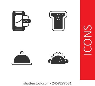 Set Taco with tortilla, Food ordering on mobile, Covered tray of food and Bread toast icon. Vector