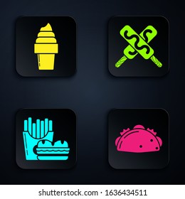 Set Taco with tortilla, Ice cream in waffle cone, Burger and french fries in carton package box and Ice cream. Black square button. Vector
