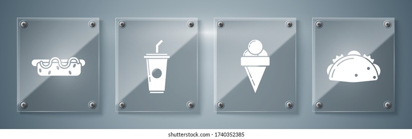 Set Taco with tortilla, Ice cream in waffle cone, Paper glass with drinking straw and water and Hotdog sandwich with mustard. Square glass panels. Vector