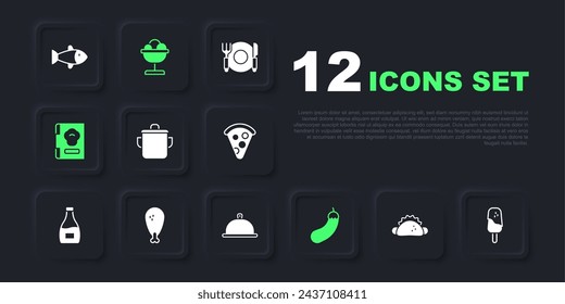 Set Taco with tortilla, Ice cream, Cooking pot, Eggplant, Cookbook, Chicken leg, the bowl and Covered tray of food icon. Vector
