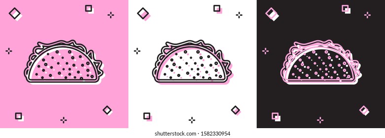 Set Taco with tortilla icon isolated on pink and white, black background. Traditional mexican fast food.  Vector Illustration