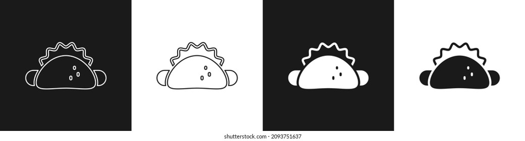 Set Taco with tortilla icon isolated on black and white background. Traditional mexican fast food menu.  Vector