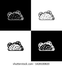 Set Taco with tortilla icons isolated on black and white background. Traditional mexican fast food. Vector Illustration