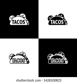 Set Taco with tortilla icons isolated on black and white background. Traditional mexican fast food. Vector Illustration