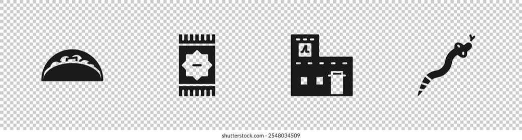Set Taco with tortilla, Mexican carpet, house and Snake icon. Vector