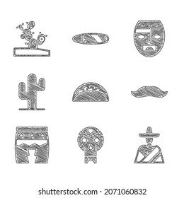 Set Taco with tortilla, Mexican skull, man sombrero, Mustache, Huehuetl, Cactus, Aztec mask and  icon. Vector