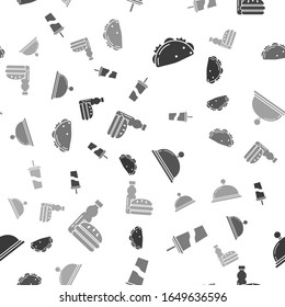 Set Taco with tortilla, Paper glass with drinking straw and water, Covered with a tray of food and Bottle of water and burger on seamless pattern. Vector