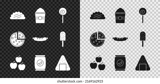Set Taco with tortilla, Popcorn in box, Lollipop, Apple, Bag packet potato chips, Onigiri, Pizza and Hotdog sandwich icon. Vector
