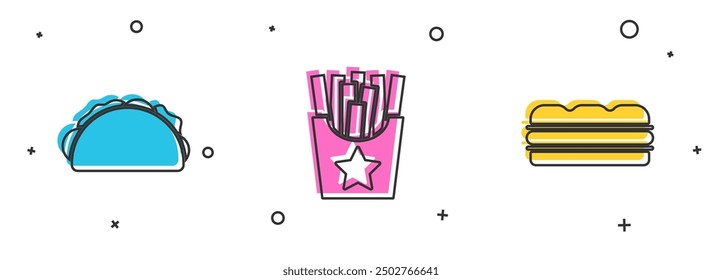 Set Taco with tortilla, Potatoes french fries in box and Sandwich icon. Vector
