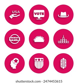 Set Taco with tortilla, Shield stars, Hotdog sandwich, City landscape, USA Head, Vote, Western cowboy hat and Independence day icon. Vector