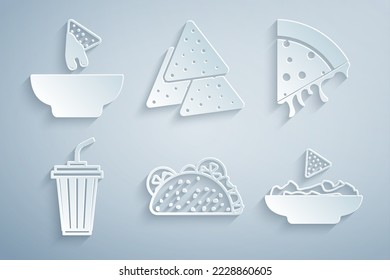 Set Taco with tortilla, Slice of pizza, Glass water, Nachos in plate, and icon. Vector
