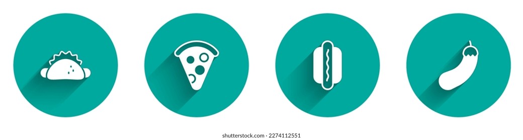 Set Taco with tortilla, Slice of pizza, Hotdog and Eggplant icon with long shadow. Vector