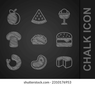 Set Taco with tortilla, Steak meat, Cheese, Burger, Shrimp, Mushroom, Ice cream in the bowl and Plum fruit icon. Vector