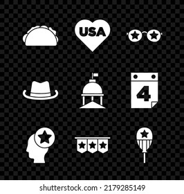 Set Taco with tortilla, USA Independence day, Glasses stars, Head, Carnival garland flags, Balloons, Western cowboy hat and White House icon. Vector