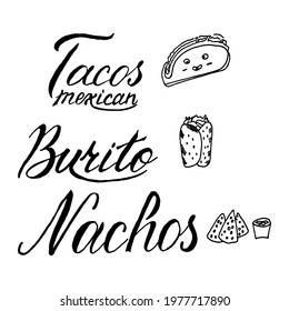 Set tacos burito nachos mexican food lettering vector