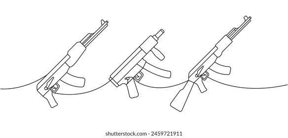 Set of tactical assault rifles one line continuous drawing. Various modern weapons continuous one line illustration. Vector linear illustration.