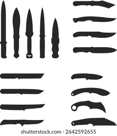 Set of tactical, assault, and tourist knives in the form of black silhouettes.