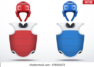 Set of Taekwondo body guard and helmets. Front view. Sport Equipment. Editable Vector illustration Isolated on white background.