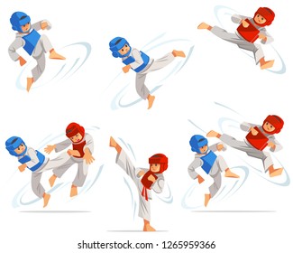 Set Of Taekwondo Boys Characters In Different Positions. Character Set, Taekwondo Workout. Flat Cartoon Design Vector Illustration