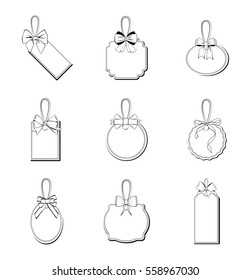 Set of tag labels with rope bakers twine bows on white background isolated