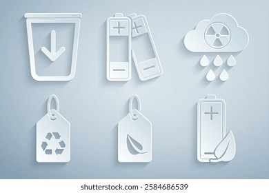 Set Tag with leaf, Acid rain and radioactive cloud, recycle, Eco nature battery, Battery and Send to the trash icon. Vector