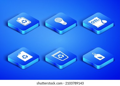 Set Tag with leaf, Battery recycle, Recycle bin, Eco fuel canister, Light bulb world globe and Oil barrel icon. Vector