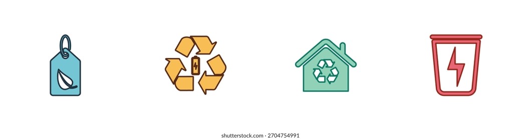 Etiqueta con hoja, reciclaje de batería, reciclaje de Eco House e icono de bote de basura Lightning. Vector