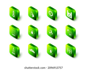 Fijar etiqueta con hoja, símbolo Eco de hoja, reciclar bolsos de compra, panel de energía solar, árbol, Iceberg, núcleo de Apple e icono de coche eléctrico. Vector