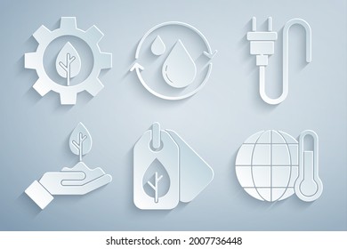 Set Tag with leaf, Electric plug, Plant in hand, Global warming, Recycle clean aqua and Leaf plant gear machine icon. Vector