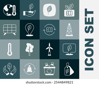 Etiqueta con la hoja, Locación, plataforma petrolera, hoja Eco símbolo, panel de energía solar, fusión de la tierra al calentamiento global y el icono. Vector