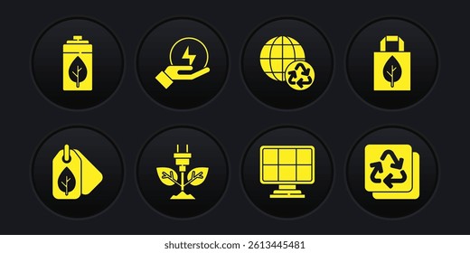 Set Tag with leaf, Shopping bag recycle, Electric saving plug, Solar energy panel, Planet earth and recycling, Lightning bolt, Recycle and Eco nature battery icon. Vector