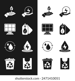 Set Tag with leaf, Solar energy panel, Plant in hand, Lightning bolt, Recycle clean aqua, Water, Plastic bag recycle and bin icon. Vector