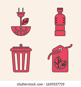 Set Tag with leaf symbol, Electric saving plug in leaf, Bottle of water and Trash can icon. Vector