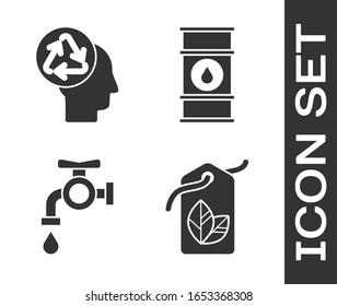 Set Tag with leaf symbol, Human head with recycle, Water tap and Oil barrel line icon. Vector