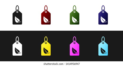 Set Tag with leaf symbol icon isolated on black and white background. Banner, label, tag, logo, sticker for eco green. Vector Illustration