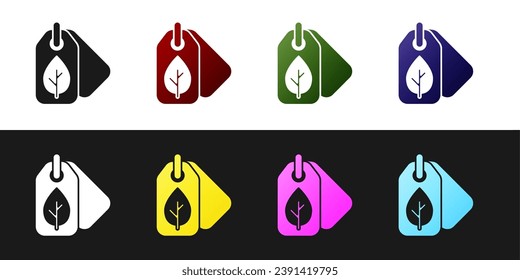 Set Tag with leaf symbol icon isolated on black and white background. Banner, label, tag, logo, sticker for eco green.  Vector