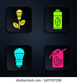 Set Tag with leaf symbol, Light bulb with leaf, LED light bulb and Recycling plastic bottle. Black square button. Vector
