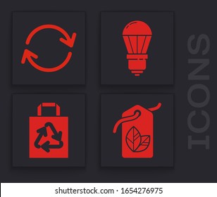 Establecer etiqueta con símbolo de hoja, Actualizar, lámpara LED y bolsa de compra de papel con icono de reciclaje. Vector