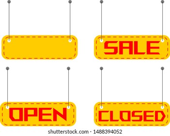 set of tag price vector. yellow sign with red text sale, open and closed hanging on line.