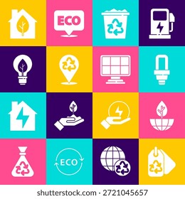 Set Tag com reciclar, globo terrestre e planta, lâmpada LED, Lixeira, Folha de luz, Eco amigável casa e ícone do painel de energia solar. Vetor